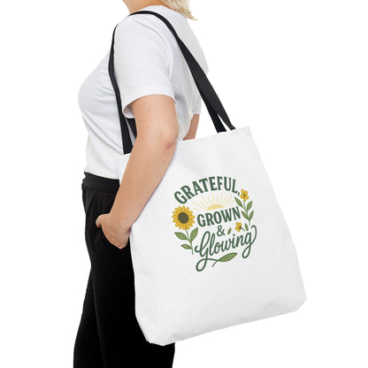 Grateful & Growing Tote Bag, Inspirational Gift, Eco-Friendly Shopper, Floral Design, Sunflower Tote, Everyday Use, Life's Little Joys