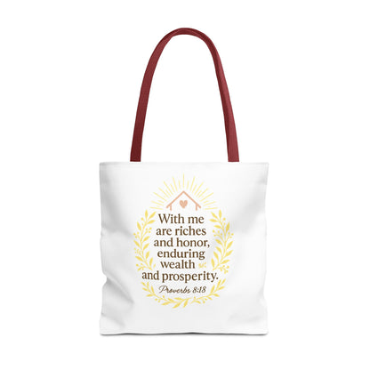 Inspirational Tote Bag - Proverbs 8:18 Quote, Bible Verse Carrier, Eco-Friendly Shopping Bag, Faith-Based Gift, Motivational Decor