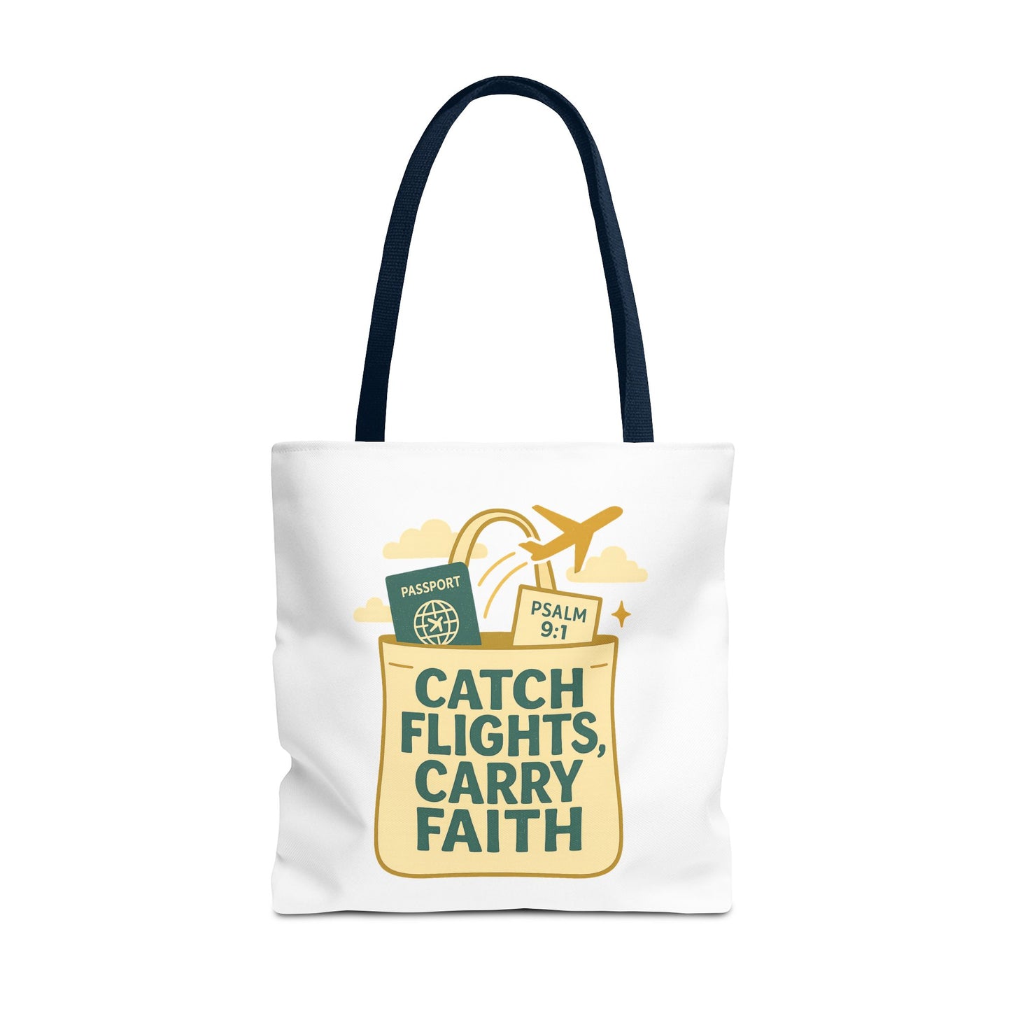 Catch Flights Carry Faith Tote Bag - Travel, Christian Gift, Airport Essentials, Carryall, Eco-Friendly Shopper