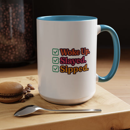 Colorful Motivational Coffee Mug, Woke Up Slayed Sipped, Inspirational Gift, Morning Motivation Cup, Funny Coffee Lover Mug