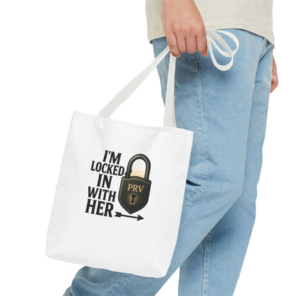 Locked In With Her Tote Bag, Funny Gift for Couples, Personalized Shopping Tote, Everyday Carryall, Unique Friendship Present