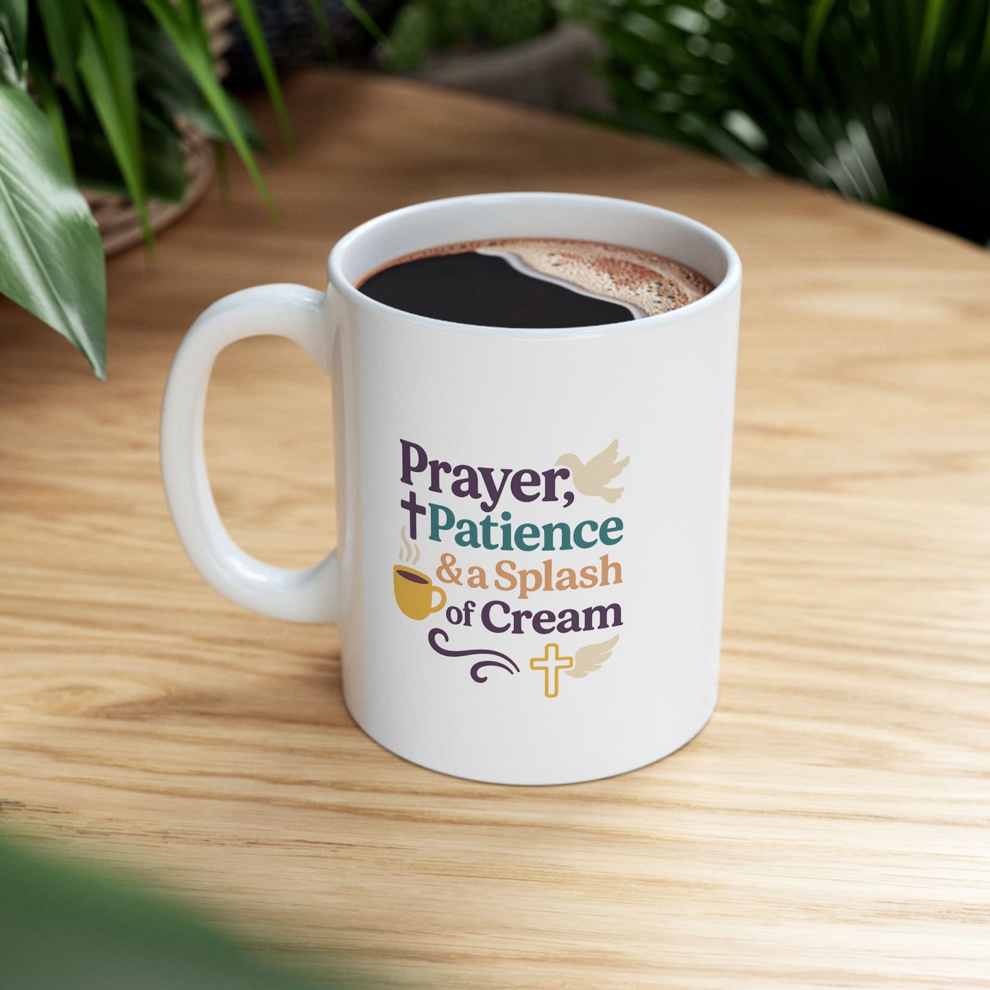 Prayer Patience &amp; Splash of Cream - Ceramic Mug - "Perfect Peace" Inspirational Coffee Mug for Relaxation, Gift for Self-Care, Cozy Home Decor, Sips of Joy, Mindfulness Mug