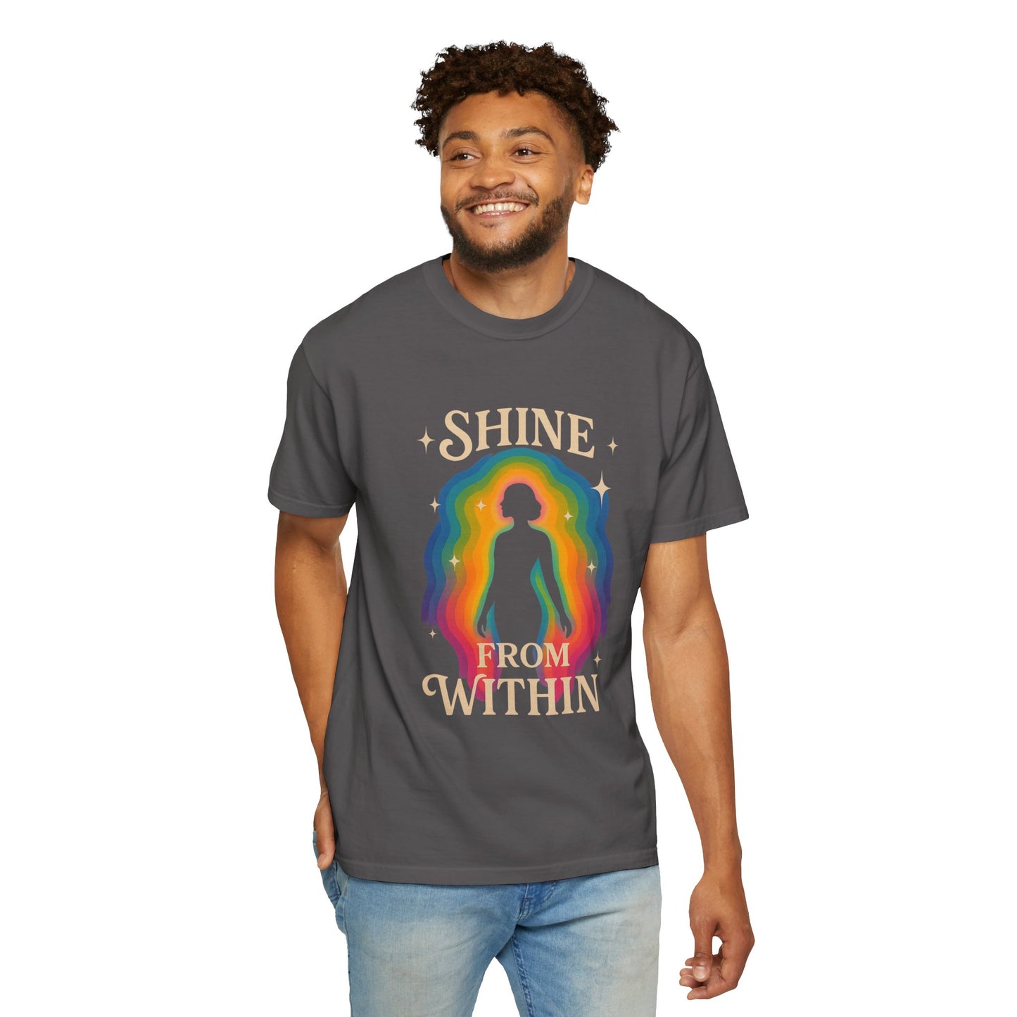 Unisex Garment-Dyed Tee - Shine From Within, Motivational Shirt, Rainbow Graphic Tee, Gift for Her, Summer Fashion