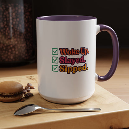 Colorful Motivational Coffee Mug, Woke Up Slayed Sipped, Inspirational Gift, Morning Motivation Cup, Funny Coffee Lover Mug