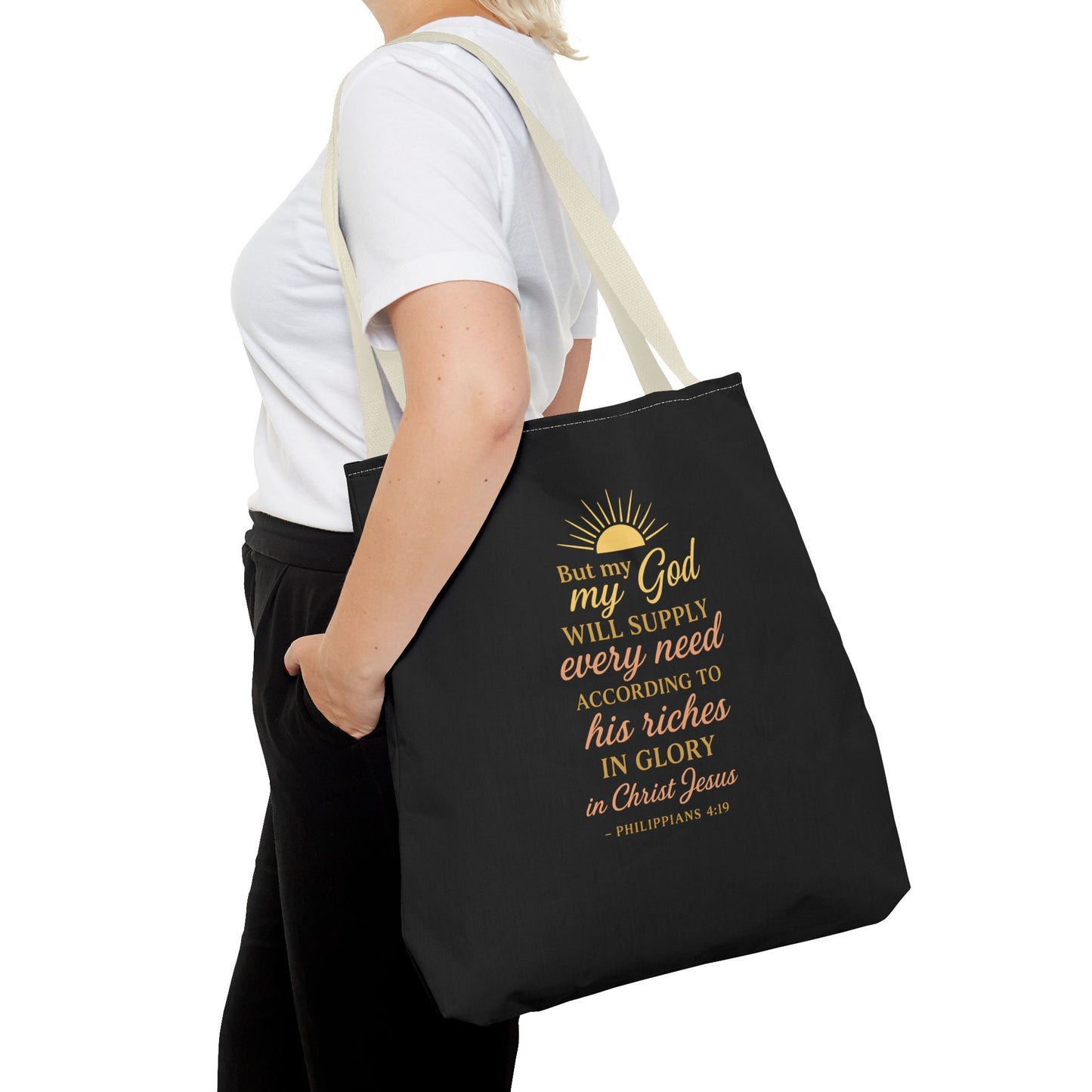 Faith-Inspired Tote Bag: 'God Will Supply Every Need', Christian Gift, AOP Bag for Church, Casual Outings, Inspirational Accessory