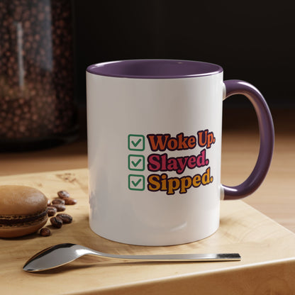 Colorful Motivational Coffee Mug, Woke Up Slayed Sipped, Inspirational Gift, Morning Motivation Cup, Funny Coffee Lover Mug