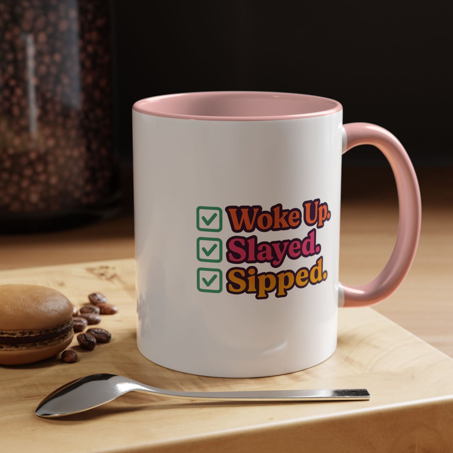Colorful Motivational Coffee Mug, Woke Up Slayed Sipped, Inspirational Gift, Morning Motivation Cup, Funny Coffee Lover Mug