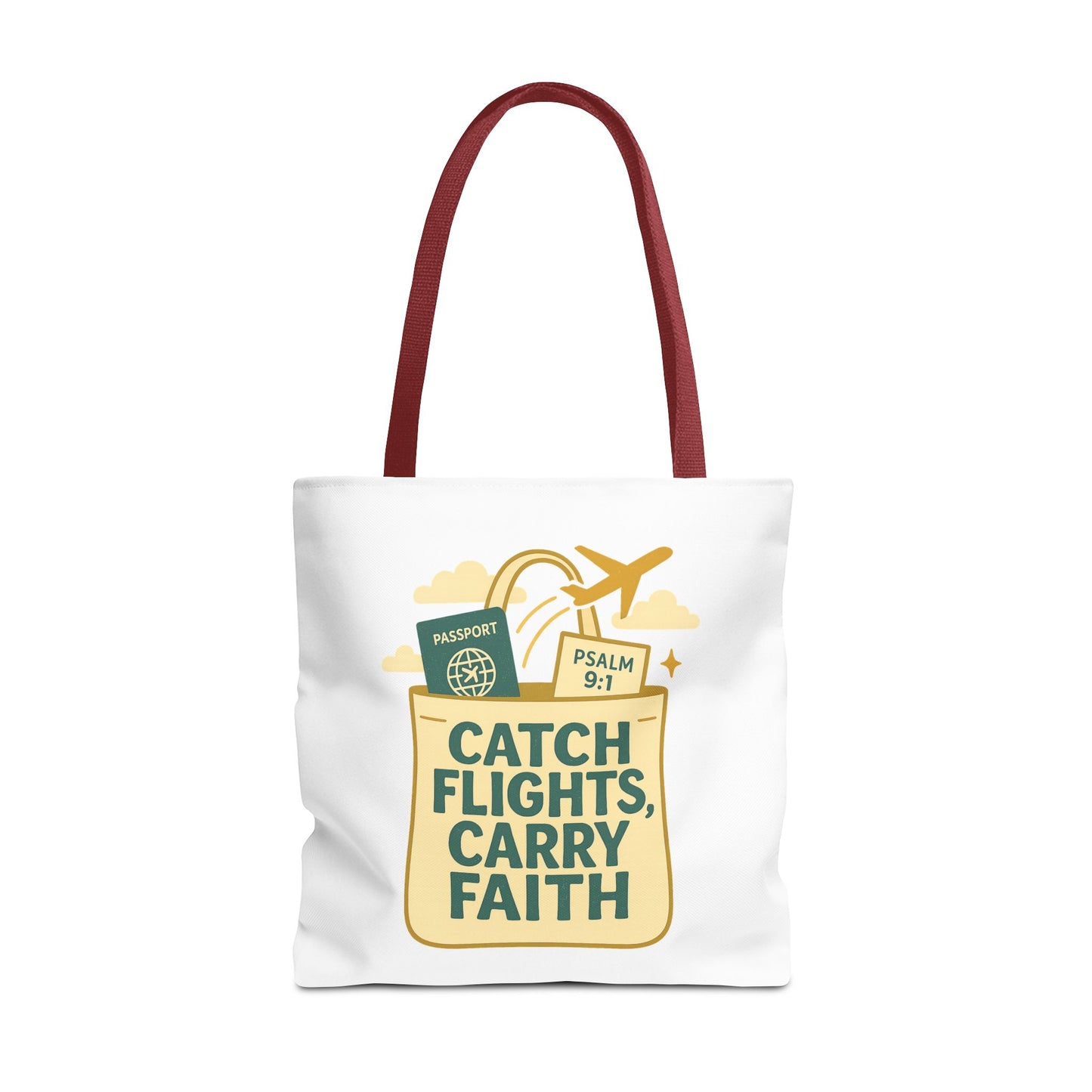 Catch Flights Carry Faith Tote Bag - Travel, Christian Gift, Airport Essentials, Carryall, Eco-Friendly Shopper