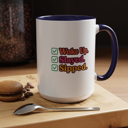 Colorful Motivational Coffee Mug, Woke Up Slayed Sipped, Inspirational Gift, Morning Motivation Cup, Funny Coffee Lover Mug