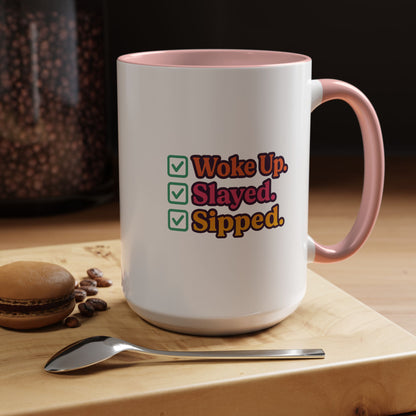 Colorful Motivational Coffee Mug, Woke Up Slayed Sipped, Inspirational Gift, Morning Motivation Cup, Funny Coffee Lover Mug