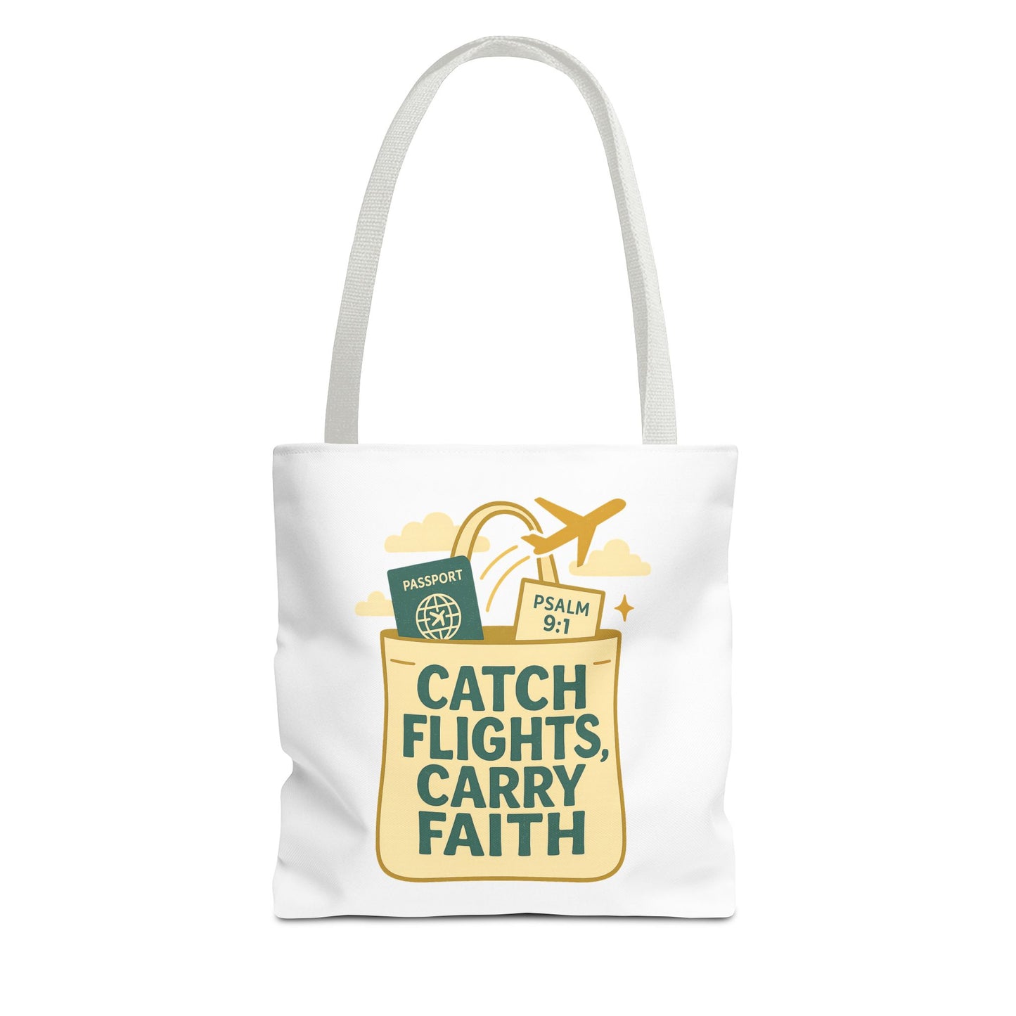Catch Flights Carry Faith Tote Bag - Travel, Christian Gift, Airport Essentials, Carryall, Eco-Friendly Shopper