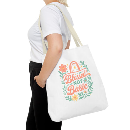Blessed Not Basic Tote Bag, Inspirational Tote, Floral Design Bag, Gift for Her, Everyday Use, Eco-Friendly Shopping Bag