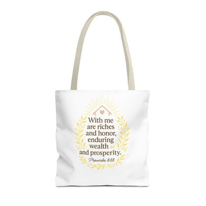 Inspirational Tote Bag - Proverbs 8:18 Quote, Bible Verse Carrier, Eco-Friendly Shopping Bag, Faith-Based Gift, Motivational Decor