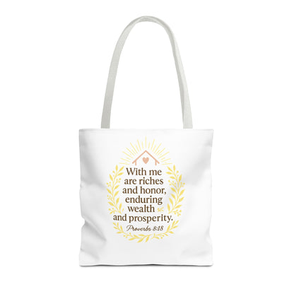 Inspirational Tote Bag - Proverbs 8:18 Quote, Bible Verse Carrier, Eco-Friendly Shopping Bag, Faith-Based Gift, Motivational Decor