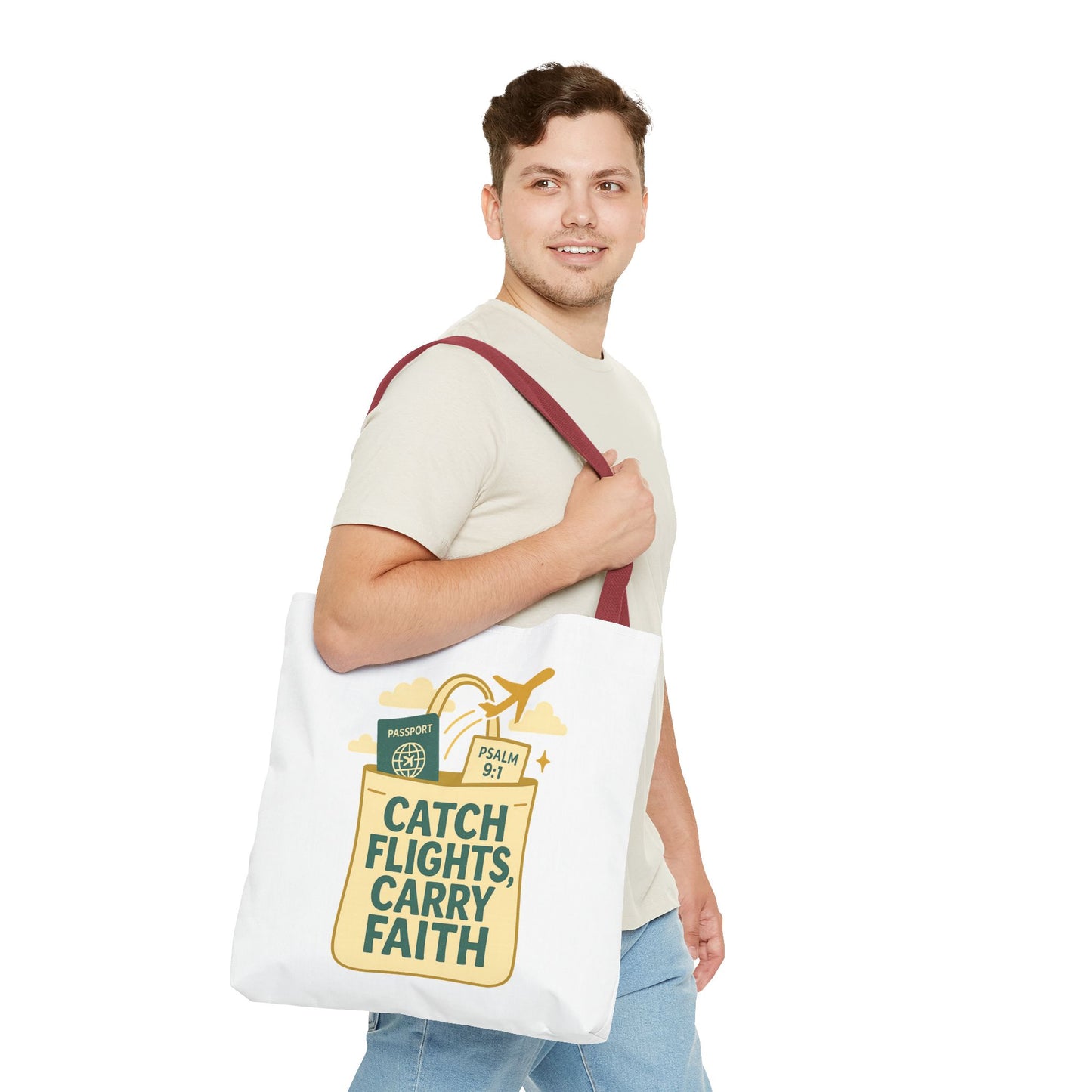 Catch Flights Carry Faith Tote Bag - Travel, Christian Gift, Airport Essentials, Carryall, Eco-Friendly Shopper