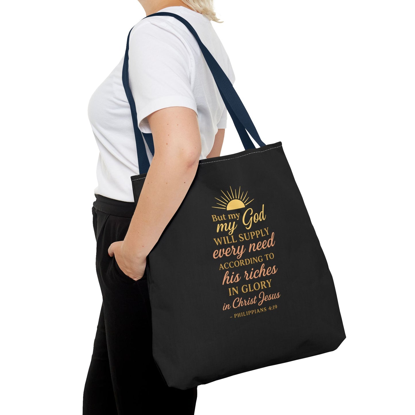 Faith-Inspired Tote Bag: 'God Will Supply Every Need', Christian Gift, AOP Bag for Church, Casual Outings, Inspirational Accessory