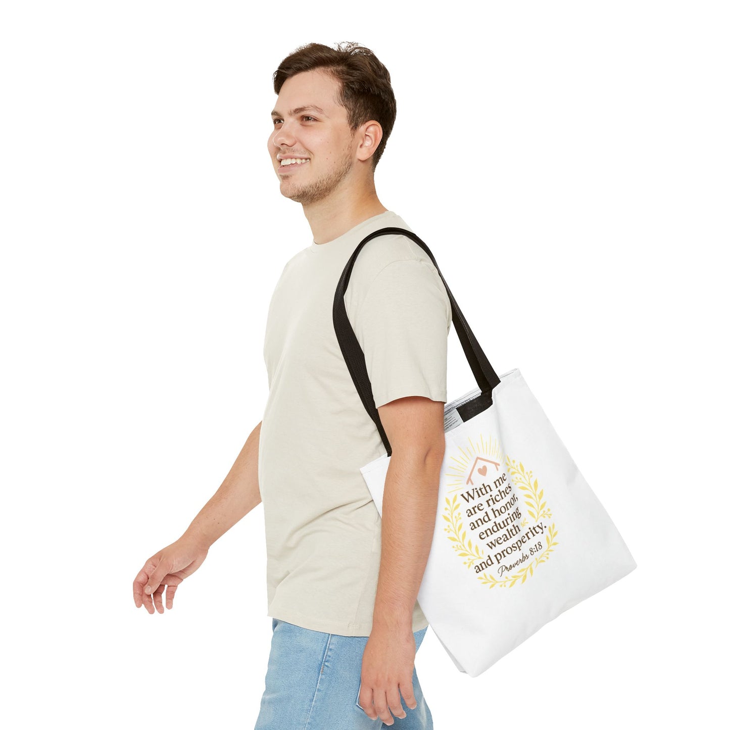 Inspirational Tote Bag - Proverbs 8:18 Quote, Bible Verse Carrier, Eco-Friendly Shopping Bag, Faith-Based Gift, Motivational Decor