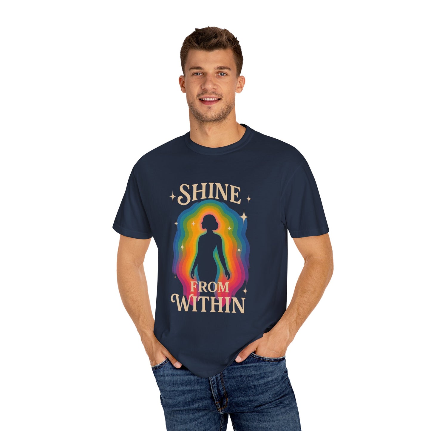 Unisex Garment-Dyed Tee - Shine From Within, Motivational Shirt, Rainbow Graphic Tee, Gift for Her, Summer Fashion