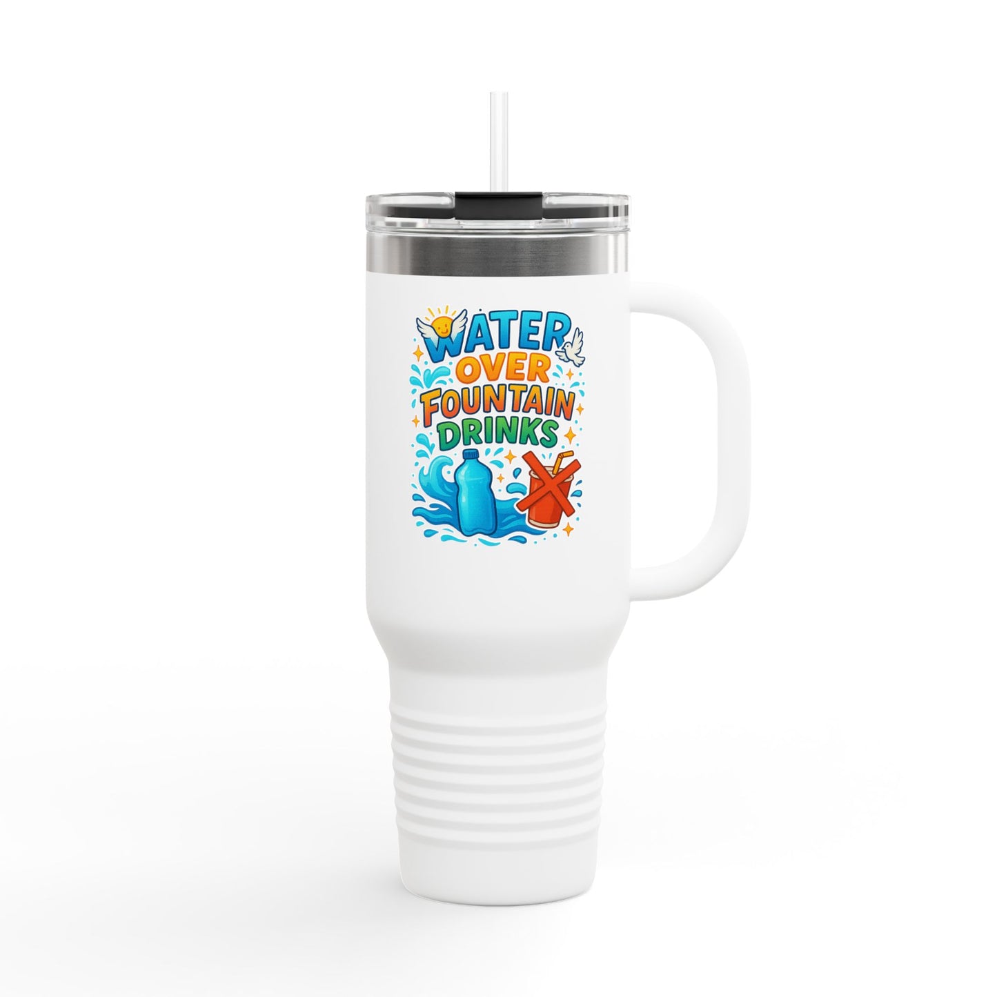 Water Over Fountain Drinks - Insulated Travel Mug with Fun Water Design, 40oz Mug for Travel, Perfect Gift for Water Lovers, Summer, Camping, Beach Days, Hydration