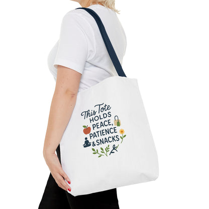 Peace, Patience & Snacks Tote Bag | Eco-Friendly Shopper, Gift for Friends, Beach Tote, Daily Carryall, Motivational Bag