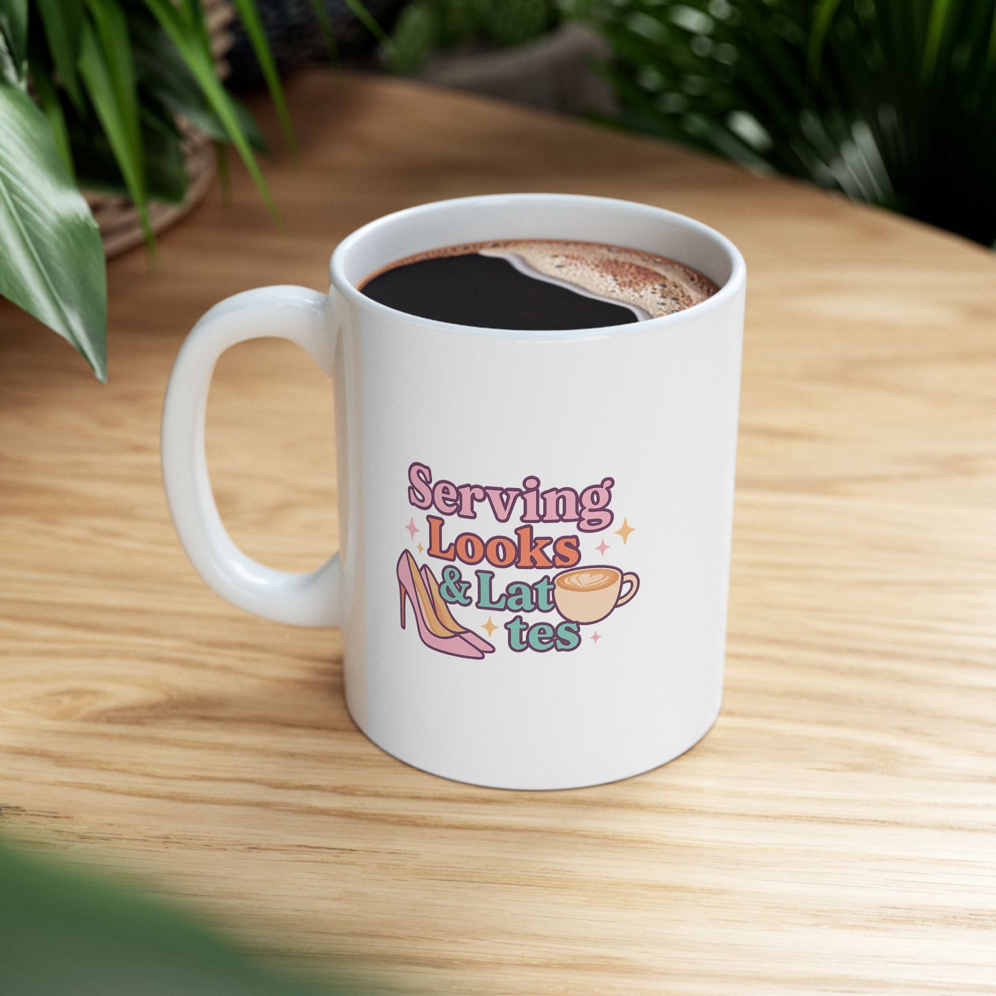 Serving Looks &amp; Lattes - Cute Illustrated Ceramic Mug, Perfect Gift for Coffee Lovers, Funny Tea Mug, Daily Motivation Cup, Unique Kitchen Decor