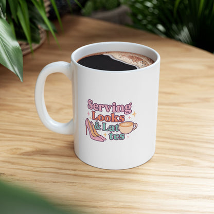 Serving Looks &amp; Lattes - Cute Illustrated Ceramic Mug, Perfect Gift for Coffee Lovers, Funny Tea Mug, Daily Motivation Cup, Unique Kitchen Decor