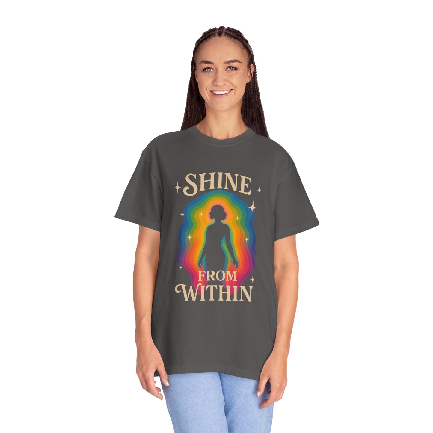 Unisex Garment-Dyed Tee - Shine From Within, Motivational Shirt, Rainbow Graphic Tee, Gift for Her, Summer Fashion
