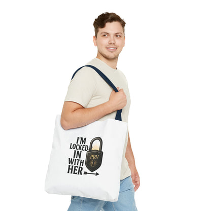Locked In With Her Tote Bag, Funny Gift for Couples, Personalized Shopping Tote, Everyday Carryall, Unique Friendship Present