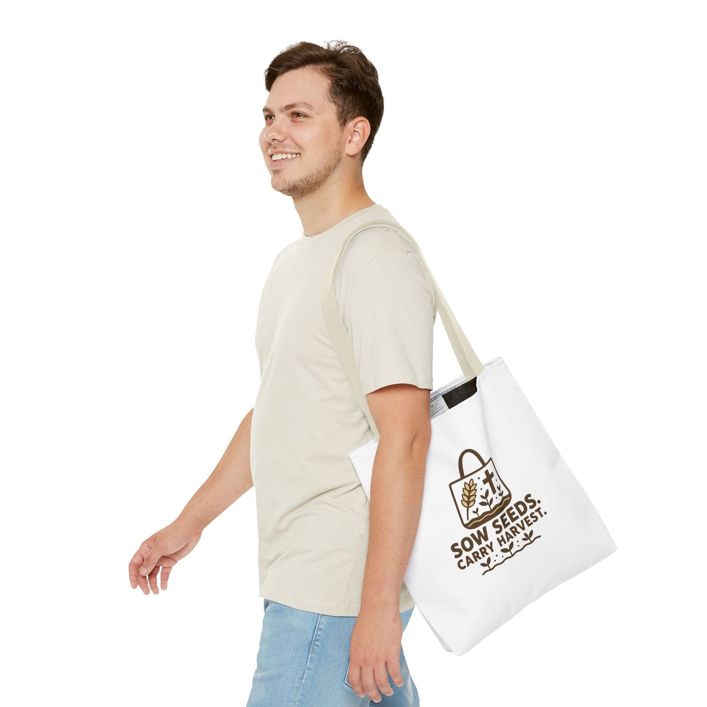Inspirational Tote Bag - "Sow Seeds. Carry Harvest." - Eco-Friendly, Beach Bag, Gift for Gardeners, Reusable Shopping, Faith Journey