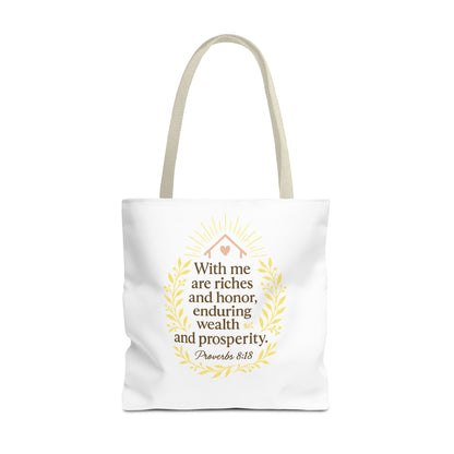 Inspirational Tote Bag - Proverbs 8:18 Quote, Bible Verse Carrier, Eco-Friendly Shopping Bag, Faith-Based Gift, Motivational Decor
