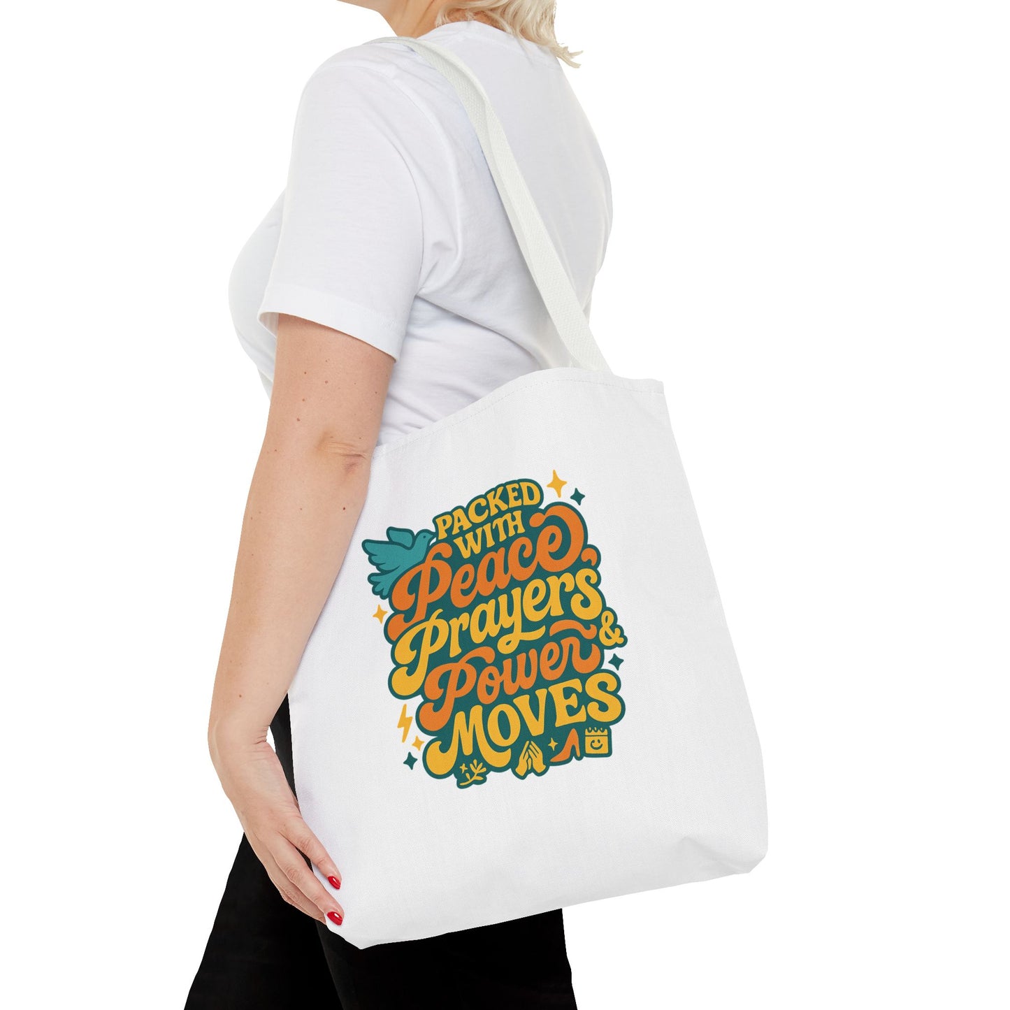 Peace Prayers Power Moves Tote Bag - Eco-Friendly Reusable Shopping Bag, Gift for Spiritual Friends, Motivational Gift, Stylish [...]