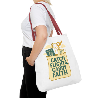 Catch Flights Carry Faith Tote Bag - Travel, Christian Gift, Airport Essentials, Carryall, Eco-Friendly Shopper