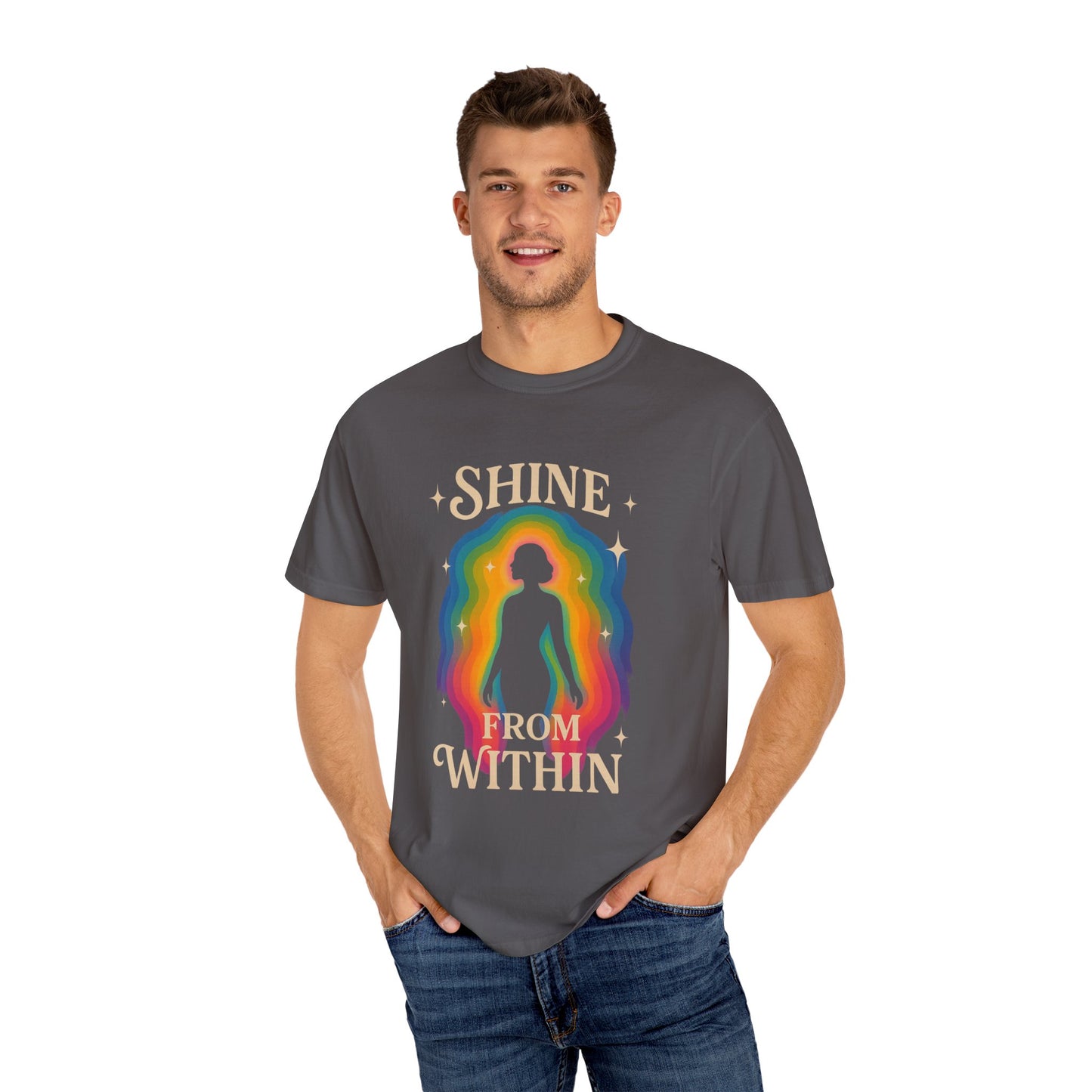 Unisex Garment-Dyed Tee - Shine From Within, Motivational Shirt, Rainbow Graphic Tee, Gift for Her, Summer Fashion