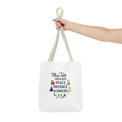 Peace, Patience & Snacks Tote Bag | Eco-Friendly Shopper, Gift for Friends, Beach Tote, Daily Carryall, Motivational Bag