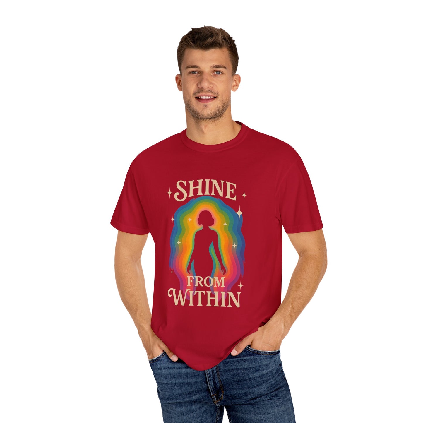 Unisex Garment-Dyed Tee - Shine From Within, Motivational Shirt, Rainbow Graphic Tee, Gift for Her, Summer Fashion