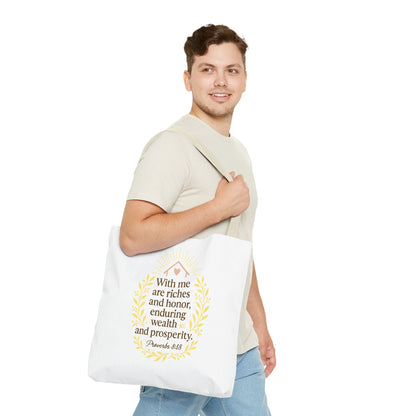 Inspirational Tote Bag - Proverbs 8:18 Quote, Bible Verse Carrier, Eco-Friendly Shopping Bag, Faith-Based Gift, Motivational Decor