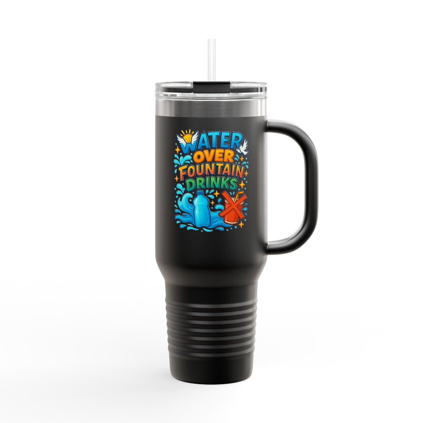 Water Over Fountain Drinks - Insulated Travel Mug with Fun Water Design, 40oz Mug for Travel, Perfect Gift for Water Lovers, Summer, Camping, Beach Days, Hydration