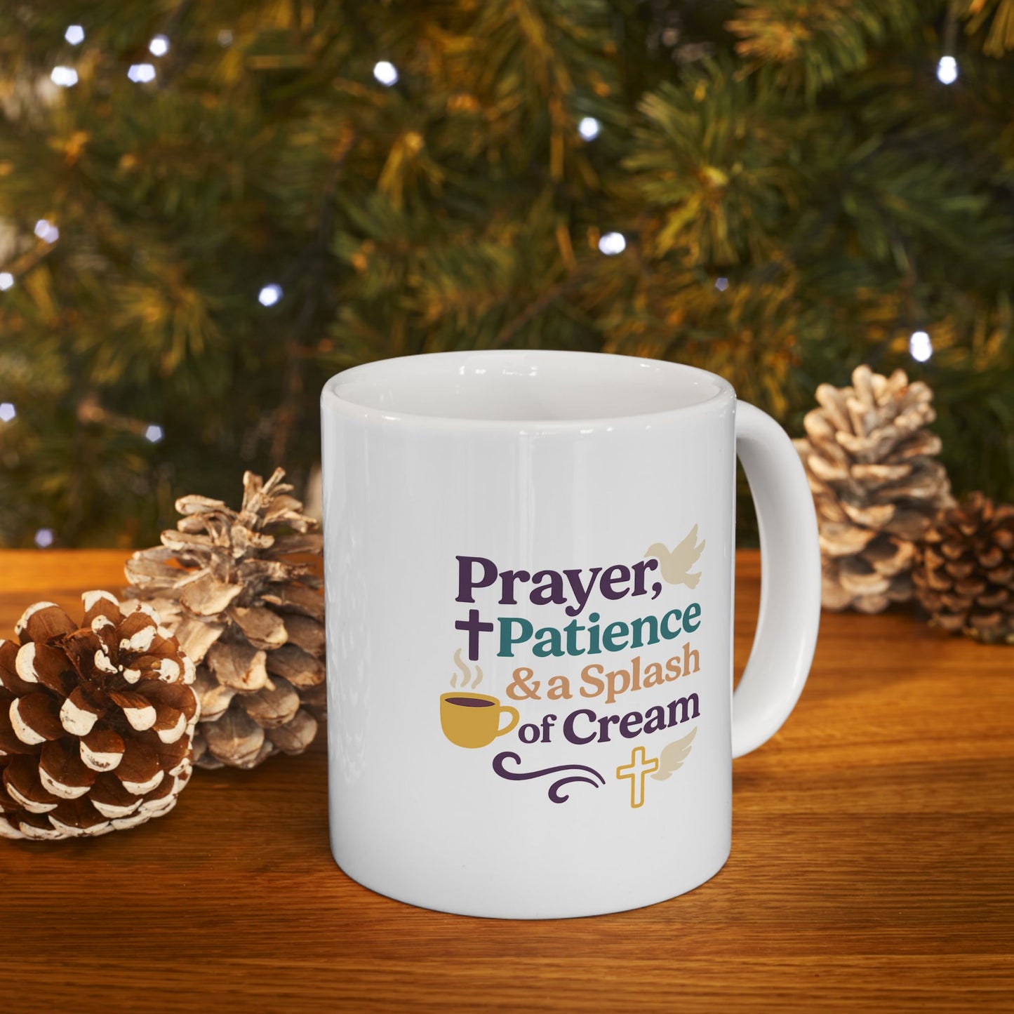 Prayer Patience &amp; Splash of Cream - Ceramic Mug - "Perfect Peace" Inspirational Coffee Mug for Relaxation, Gift for Self-Care, Cozy Home Decor, Sips of Joy, Mindfulness Mug