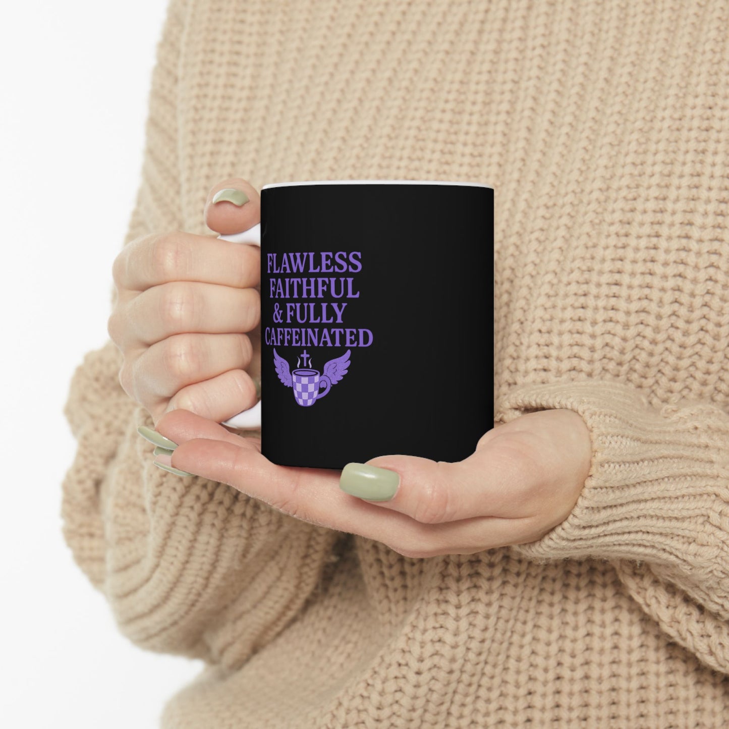 Flawless Faithful &amp; Fully Caffeinated Mystical Black Ceramic Mug, Perfect for Coffee Lovers, Halloween, Witchcraft Gifts, Gift for Her, Customizable Drinkware