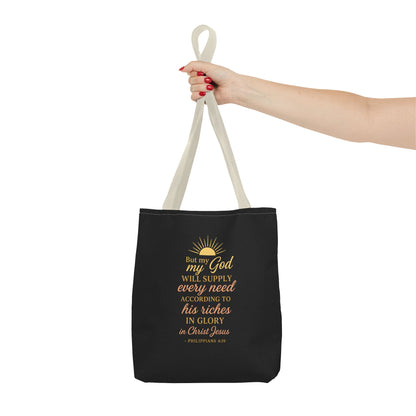 Faith-Inspired Tote Bag: 'God Will Supply Every Need', Christian Gift, AOP Bag for Church, Casual Outings, Inspirational Accessory