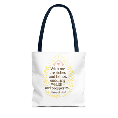 Inspirational Tote Bag - Proverbs 8:18 Quote, Bible Verse Carrier, Eco-Friendly Shopping Bag, Faith-Based Gift, Motivational Decor