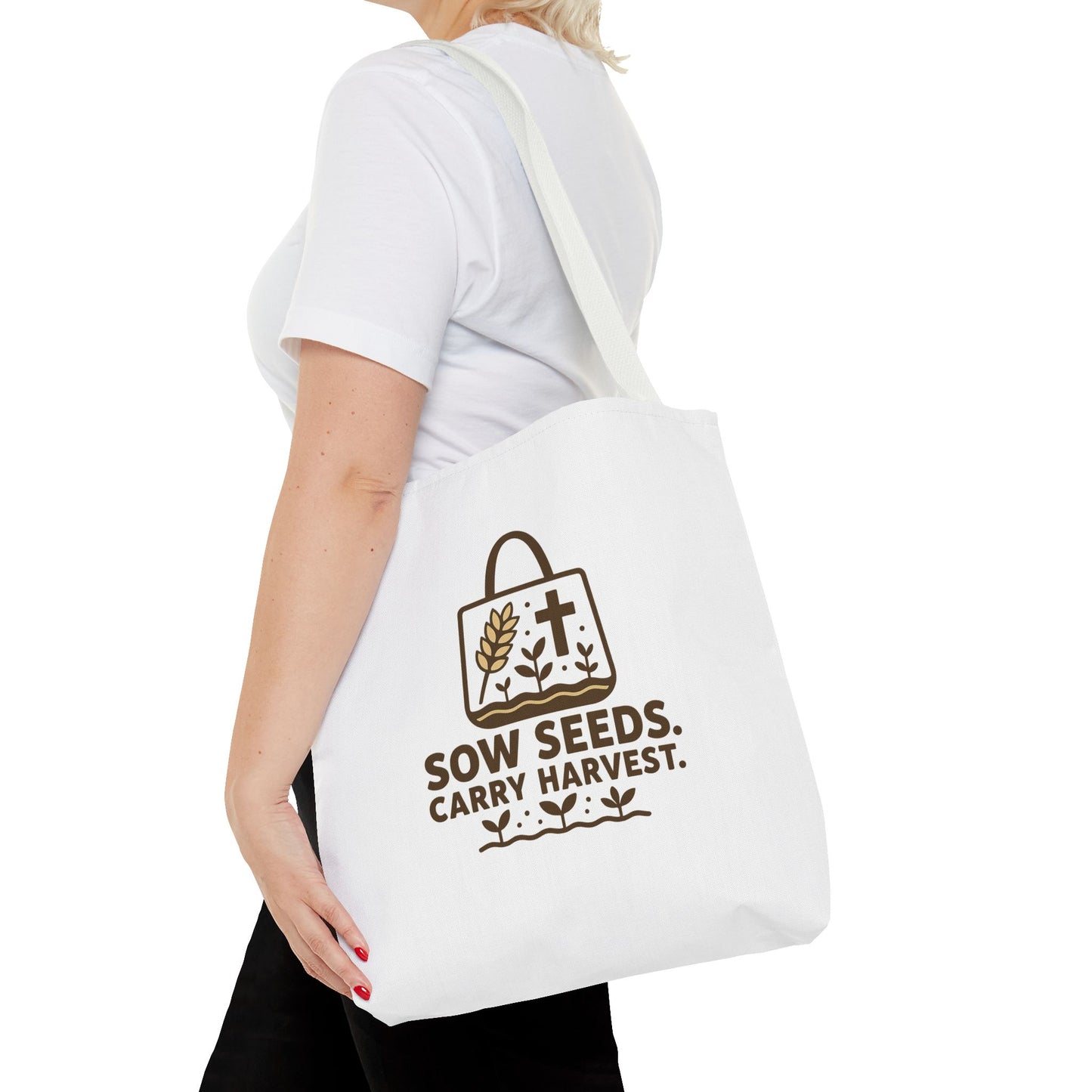 Inspirational Tote Bag - "Sow Seeds. Carry Harvest." - Eco-Friendly, Beach Bag, Gift for Gardeners, Reusable Shopping, Faith Journey