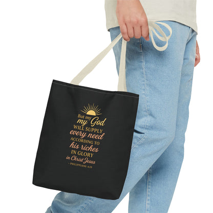 Faith-Inspired Tote Bag: 'God Will Supply Every Need', Christian Gift, AOP Bag for Church, Casual Outings, Inspirational Accessory