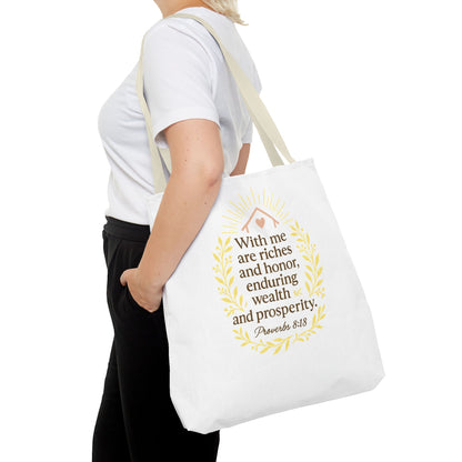 Inspirational Tote Bag - Proverbs 8:18 Quote, Bible Verse Carrier, Eco-Friendly Shopping Bag, Faith-Based Gift, Motivational Decor