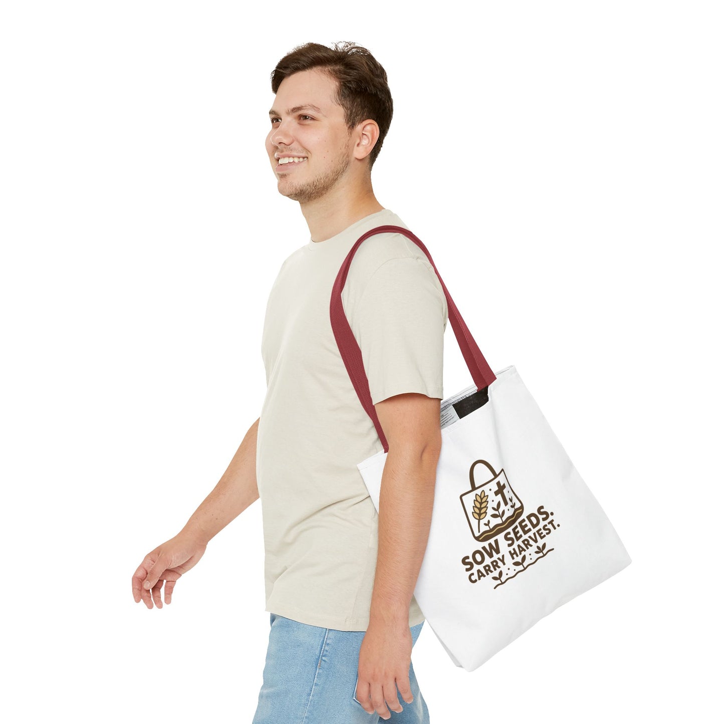 Inspirational Tote Bag - "Sow Seeds. Carry Harvest." - Eco-Friendly, Beach Bag, Gift for Gardeners, Reusable Shopping, Faith Journey
