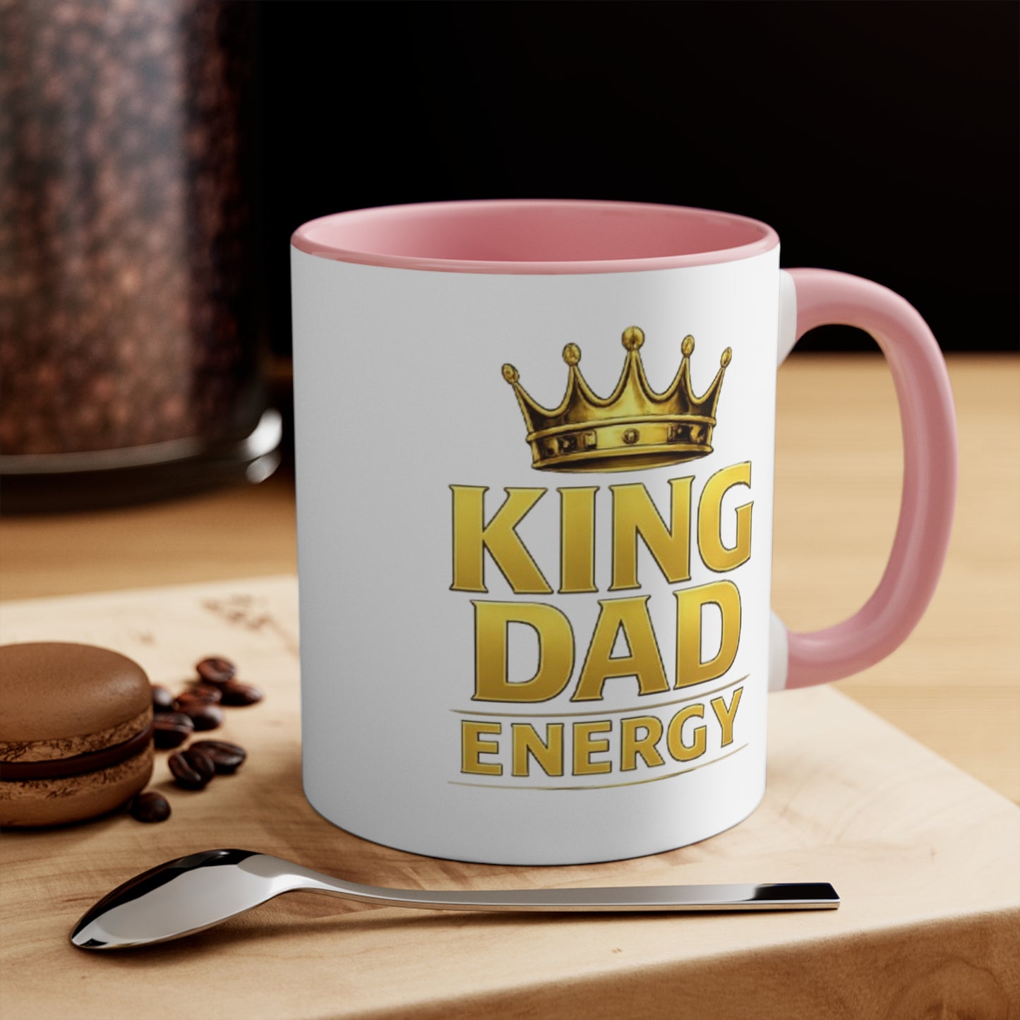 King Dad Energy Accent Mug — Gold Crown Father's Day Coffee Cup (Pink Accent)