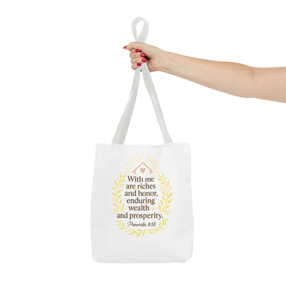 Inspirational Tote Bag - Proverbs 8:18 Quote, Bible Verse Carrier, Eco-Friendly Shopping Bag, Faith-Based Gift, Motivational Decor