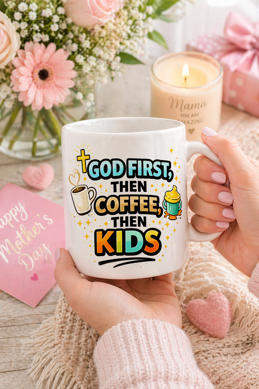 God First Then Coffee Then Kids Mug – Funny Christian Mom Gift | Mother’s Day Coffee Cup