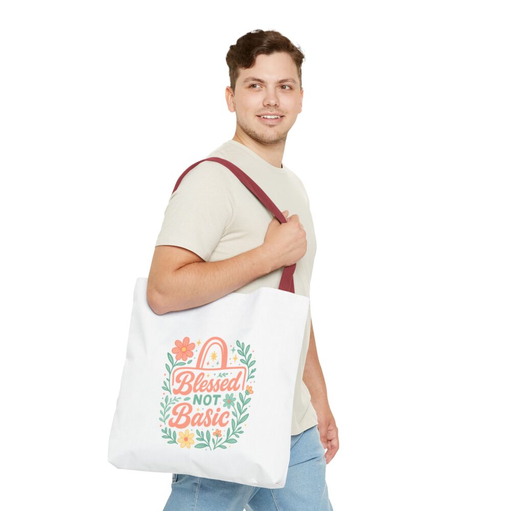 Blessed Not Basic Tote Bag, Floral Motivational Bag, Gift for Women, Everyday Carryall, Eco-Friendly Shopping Bag - Image 5