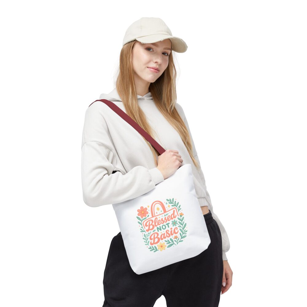Blessed Not Basic Tote Bag, Floral Motivational Bag, Gift for Women, Everyday Carryall, Eco-Friendly Shopping Bag - Image 4
